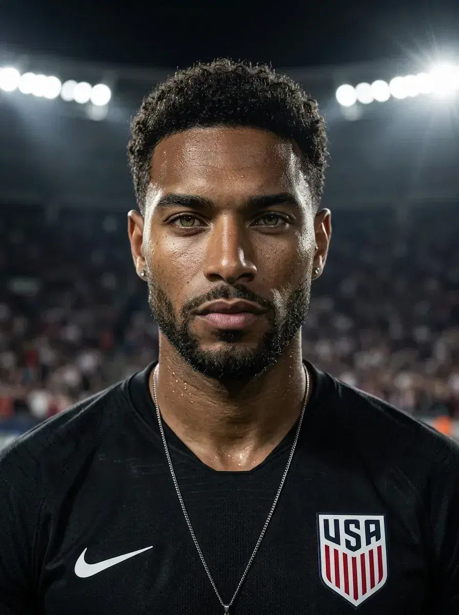 AI AI World Cup Jersey Photos — Fan Icon Looks — Person in black World Cup jersey under dramatic stadium spotlight