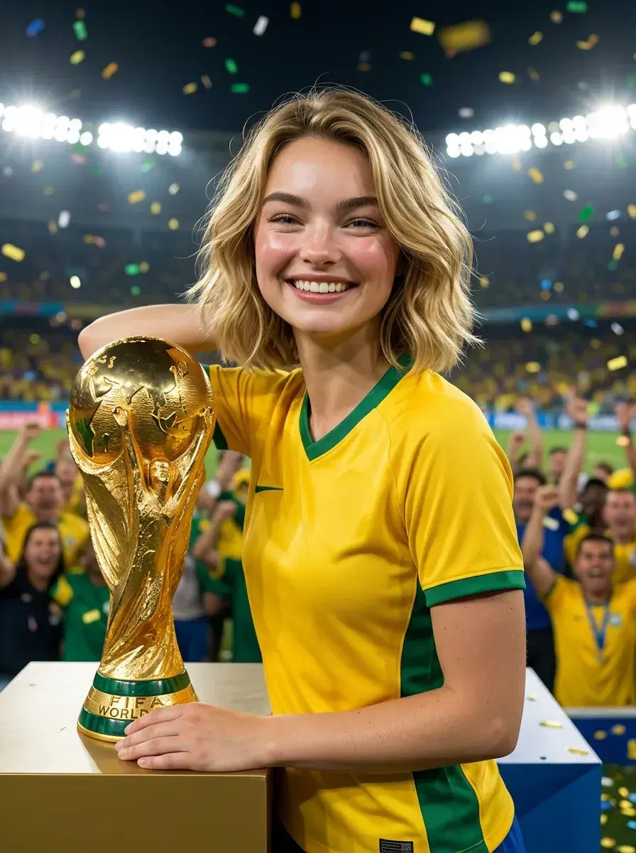 AI AI World Cup Jersey Photos — Fan Icon Looks — Person in yellow and green World Cup jersey standing next to a trophy on a podium