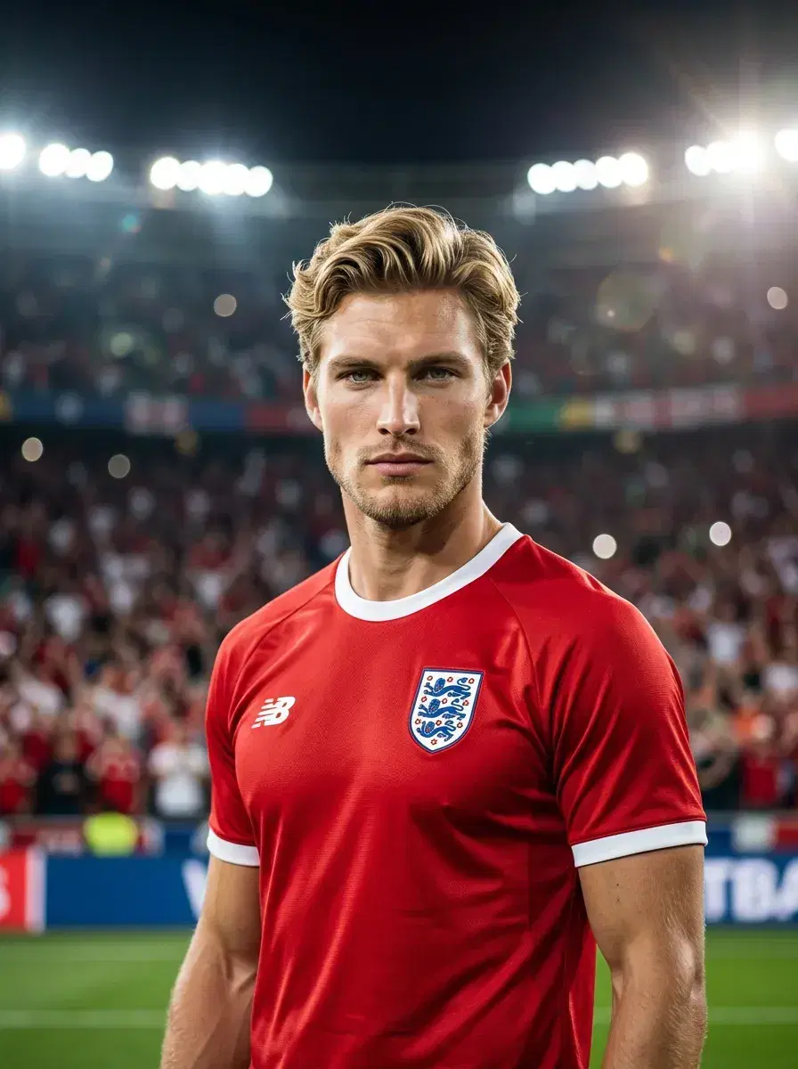 AI AI World Cup Jersey Photos — Fan Icon Looks — Person in red World Cup jersey on a floodlit stadium pitch at night