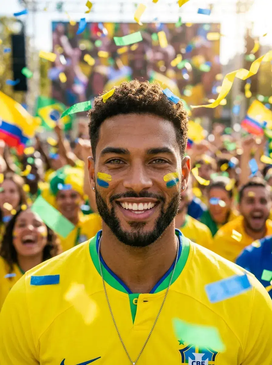 AI AI World Cup Jersey Photos — Fan Icon Looks — Person in yellow World Cup jersey with face paint in a fan zone