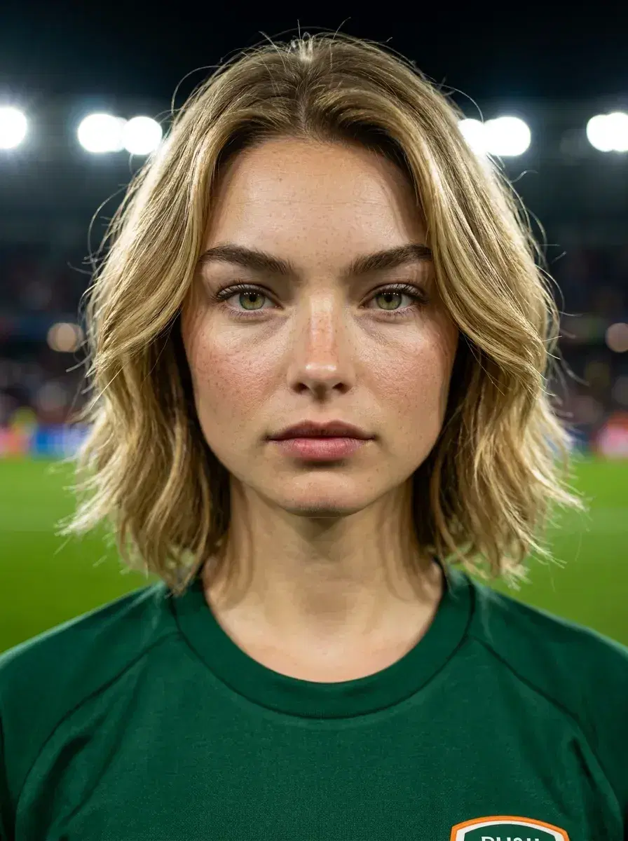 AI AI World Cup Jersey Photos — Fan Icon Looks — Close portrait of person in green World Cup jersey under stadium lights