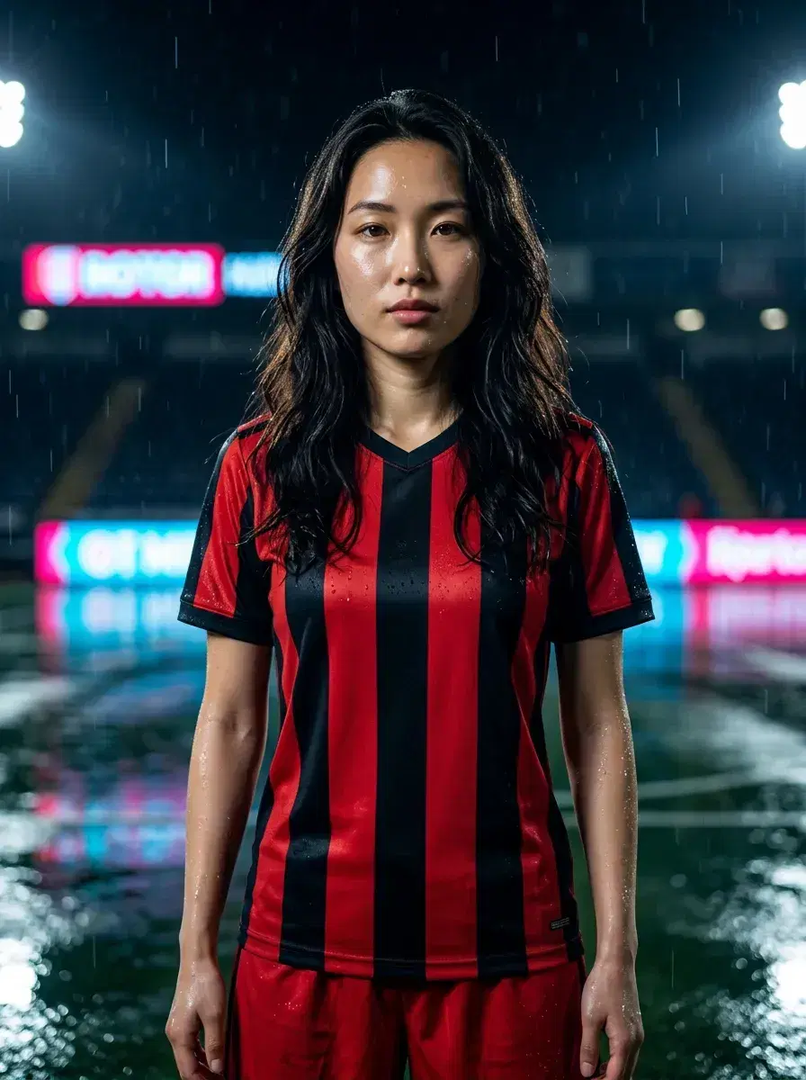 AI AI World Cup Jersey Photos — Fan Icon Looks — Person in red and black World Cup jersey on a rain-slicked night pitch