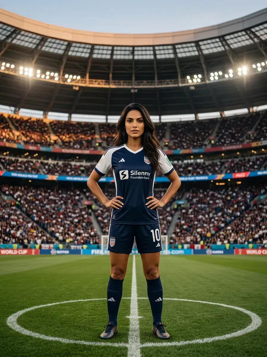 AI AI World Cup Soccer Photos — Stadium Legends — Person in soccer kit at center circle of World Cup stadium at golden hour
