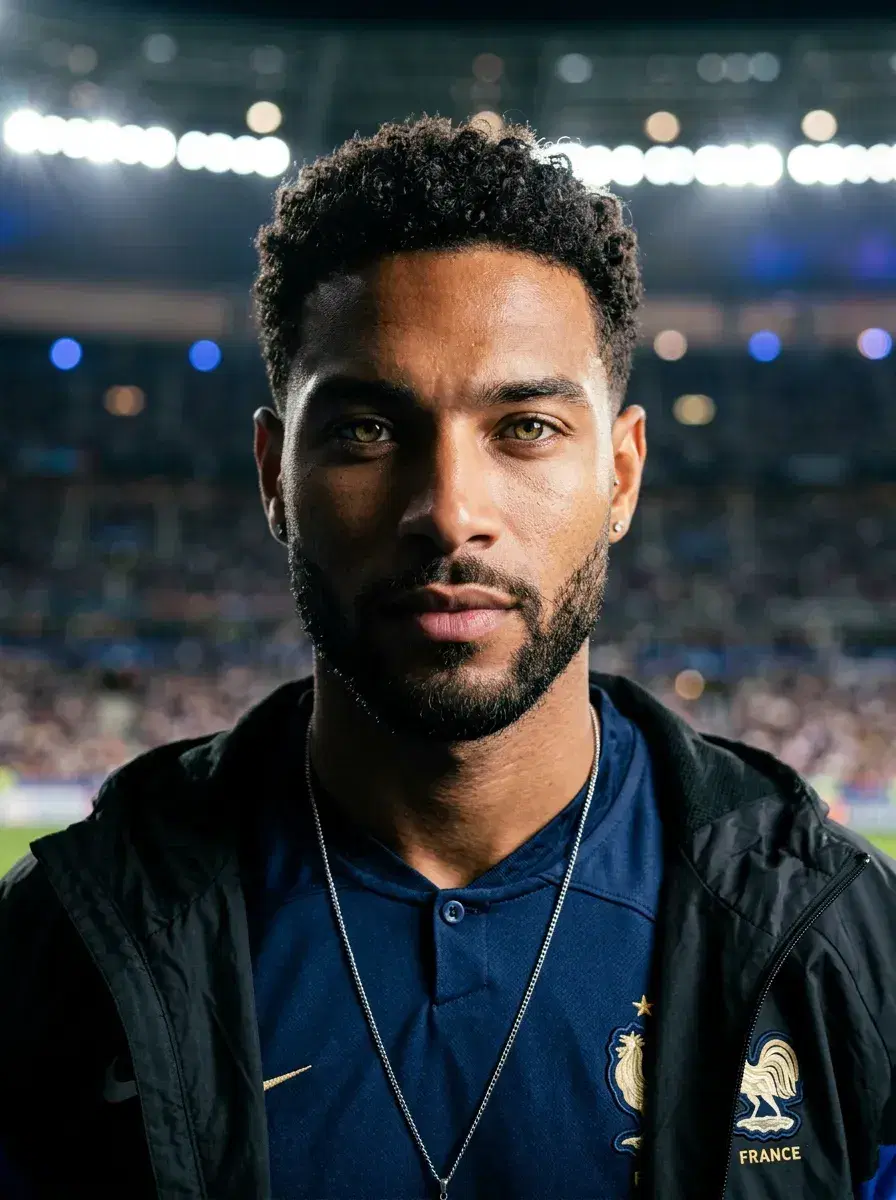 AI AI World Cup Soccer Photos — Stadium Legends — Dramatic close-up of person in national soccer kit with stadium floodlight shadows on face