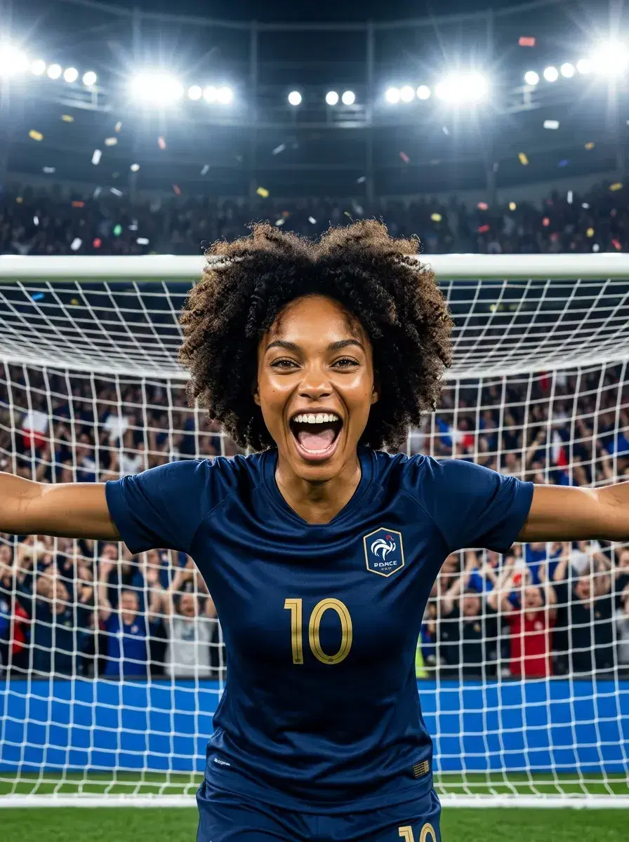AI AI World Cup Soccer Photos — Stadium Legends — Person celebrating a goal in World Cup soccer net with arms wide and packed stadium behind