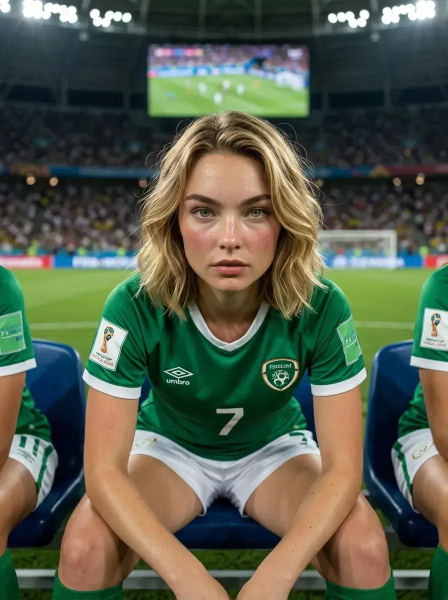 AI AI World Cup Soccer Photos — Stadium Legends — Person in soccer kit on the World Cup team bench with the pitch behind