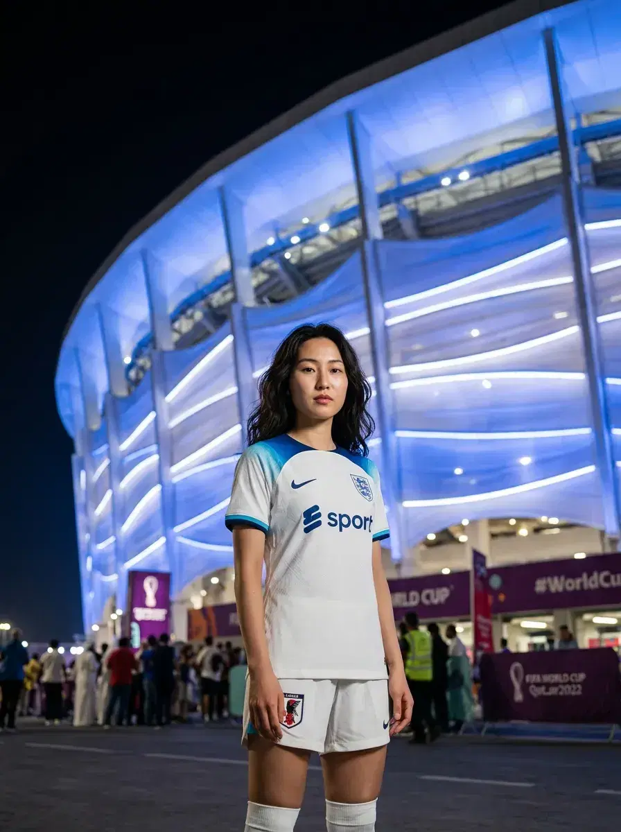 AI AI World Cup Soccer Photos — Stadium Legends — Person in soccer kit in front of an illuminated World Cup stadium exterior at night