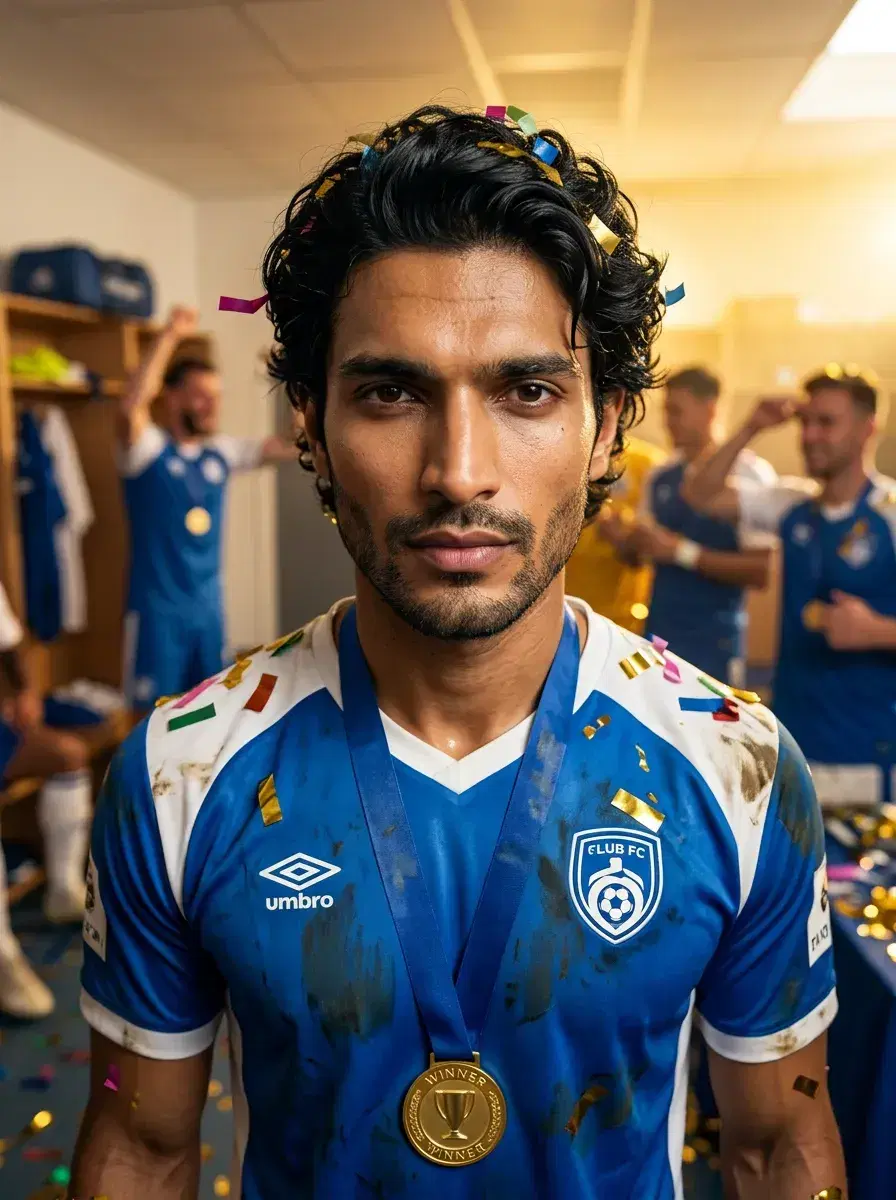 AI AI World Cup Soccer Photos — Stadium Legends — Person wearing World Cup winner's medal in soccer kit with confetti in a locker room