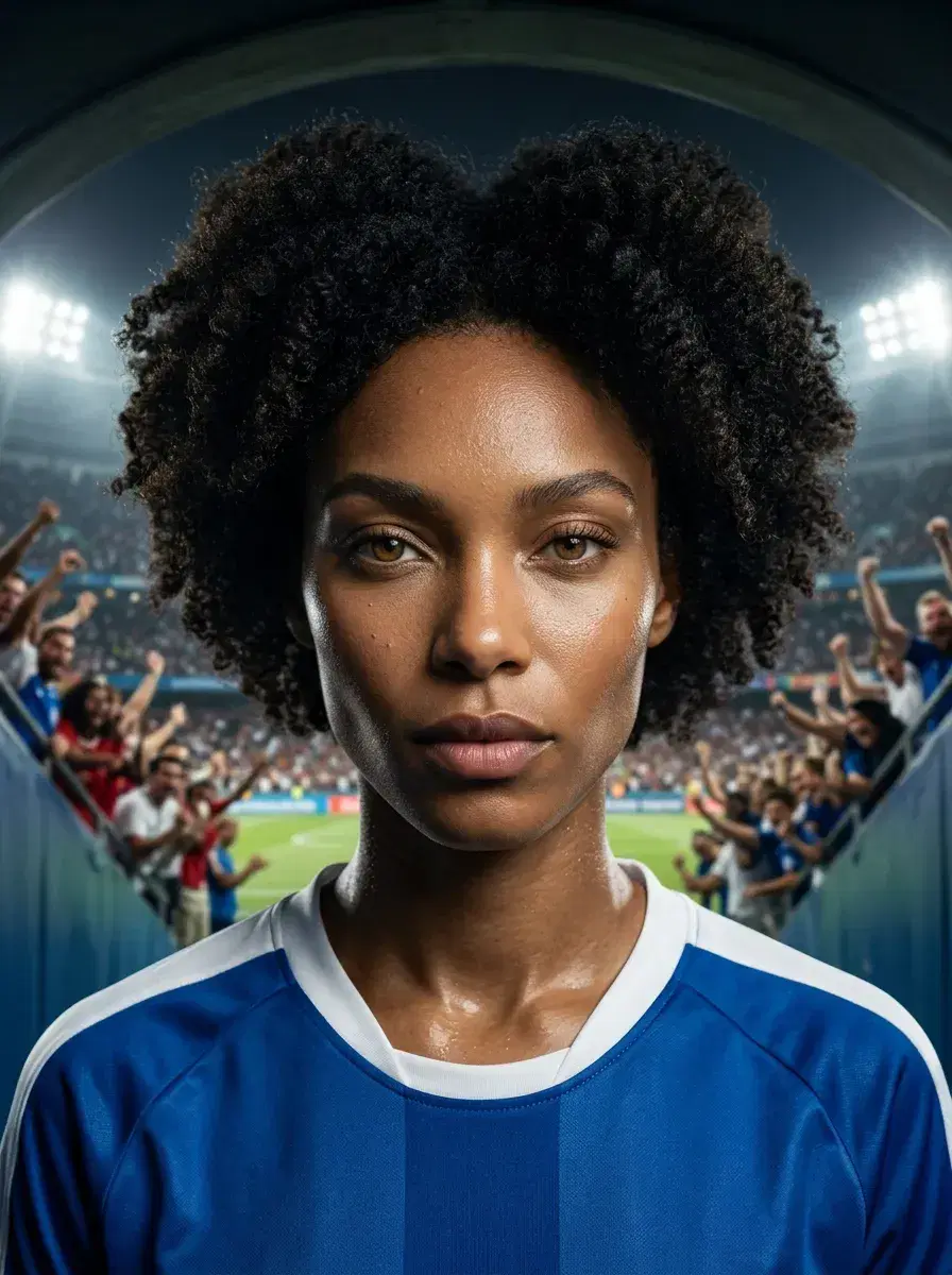 AI AI World Cup Soccer Photos — Stadium Legends — Person in soccer kit standing in a World Cup stadium tunnel, dramatic lighting, crowd in background