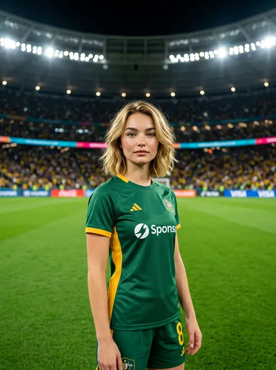 AI AI World Cup Soccer Photos — Stadium Legends — Person in soccer kit on a floodlit World Cup pitch at night with packed stadium behind