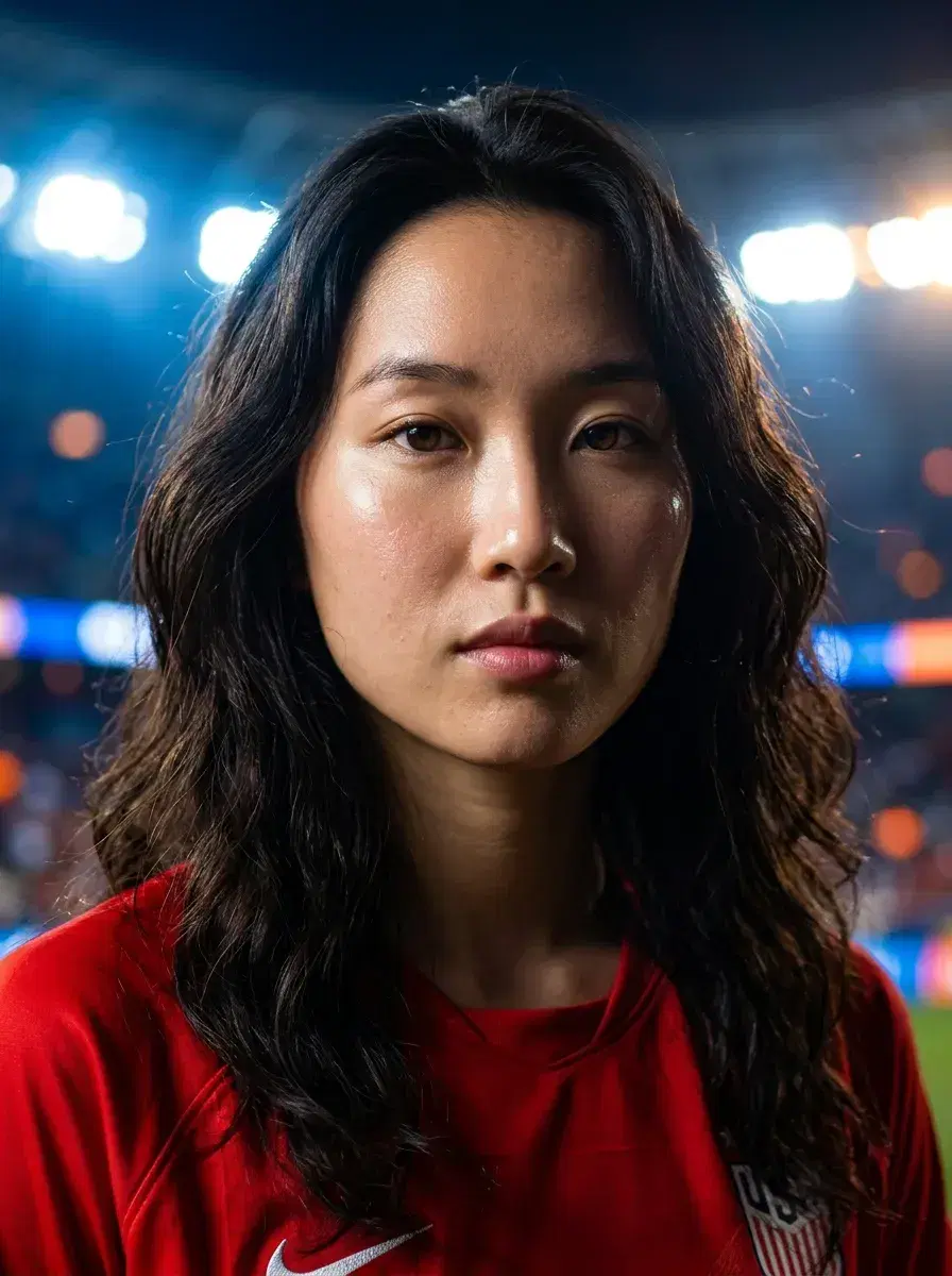 AI AI World Cup Soccer Photos — Stadium Legends — Close-up portrait of person in national soccer jersey with dramatic stadium lighting