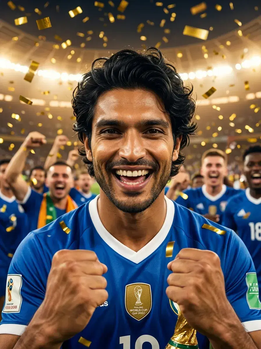 AI AI World Cup Soccer Photos — Stadium Legends — Person in soccer kit celebrating World Cup victory with confetti raining down