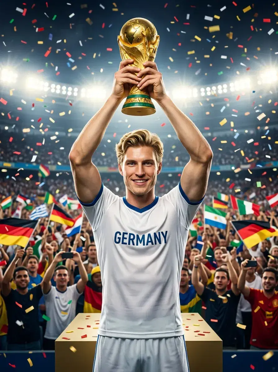 AI AI World Cup Soccer Photos — Stadium Legends — Person lifting the World Cup trophy on a podium with stadium fans celebrating behind