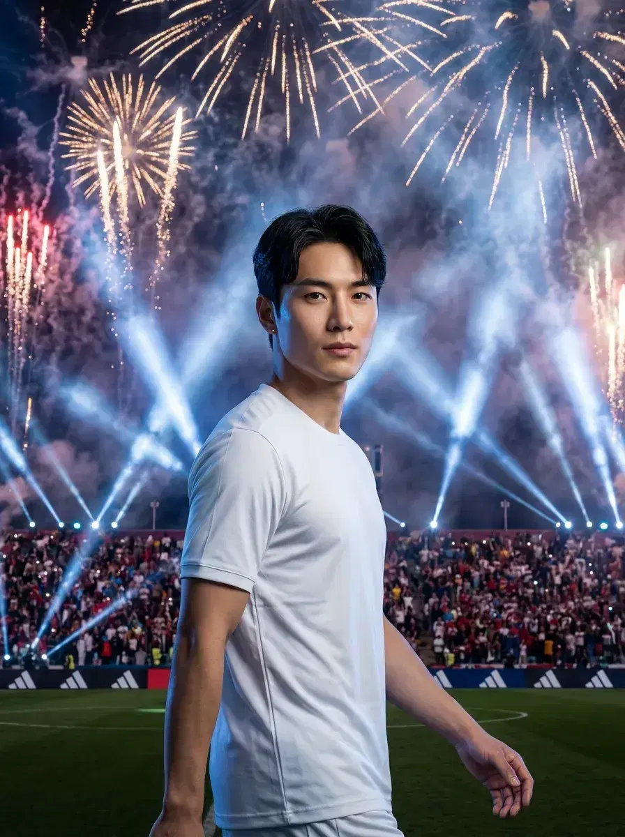 AI AI World Cup Soccer Photos — Stadium Legends — Person in soccer kit walking onto World Cup pitch during opening ceremony fireworks