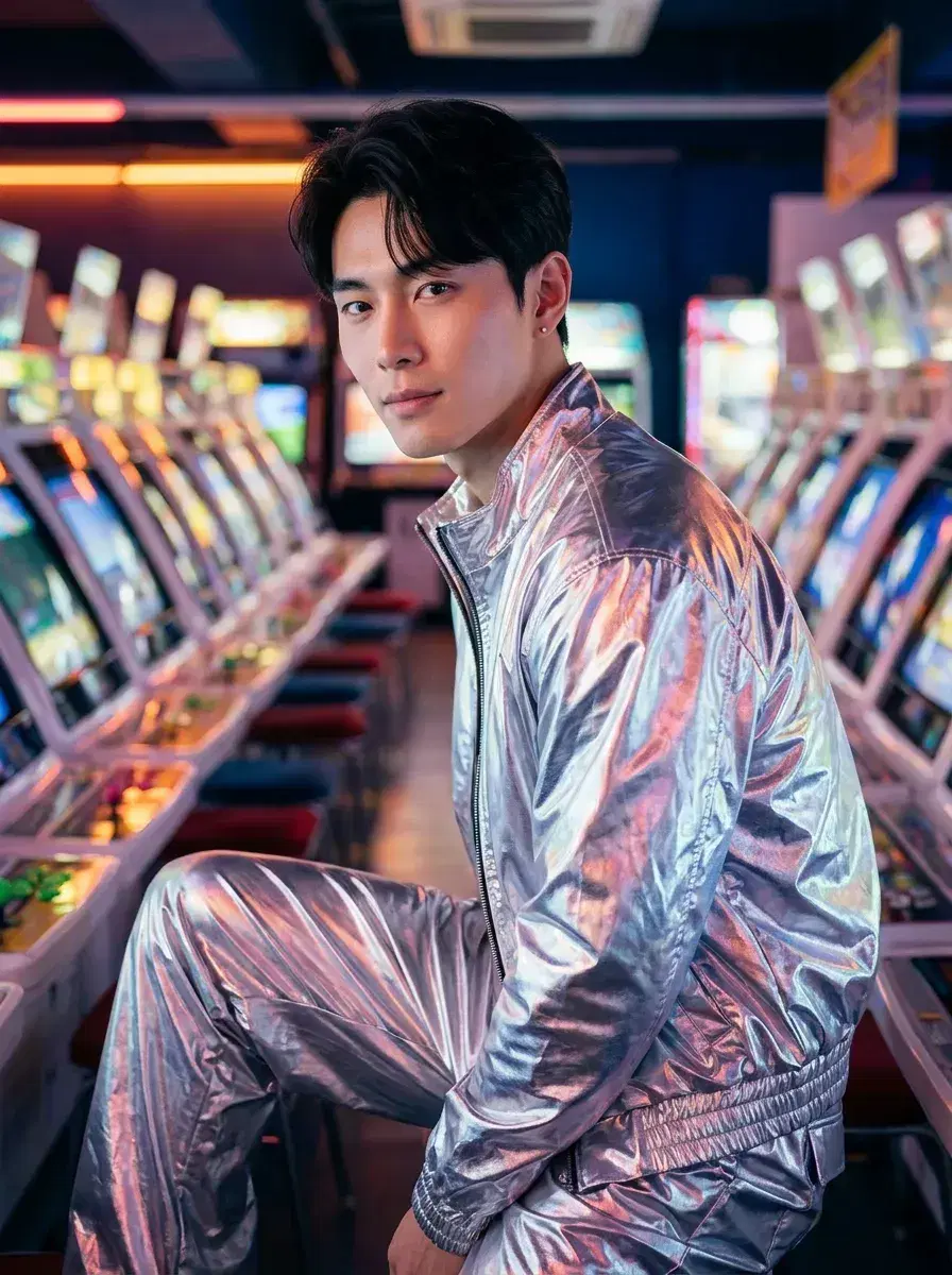 AI AI Y2K Photos — Retro-Futuristic Vibes — AI Y2K photo in neon arcade with silver outfit and glowing machines