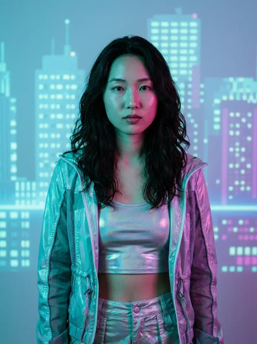 AI AI Y2K Photos — Retro-Futuristic Vibes — AI Y2K waist-up portrait against digital cityscape projection