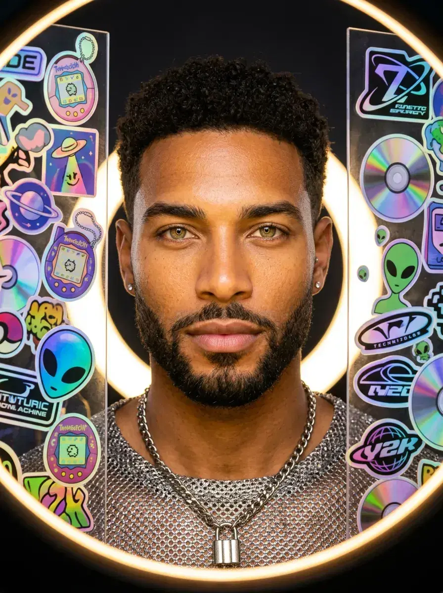 AI AI Y2K Photos — Retro-Futuristic Vibes — Close-up AI Y2K portrait with ring light and holographic panels