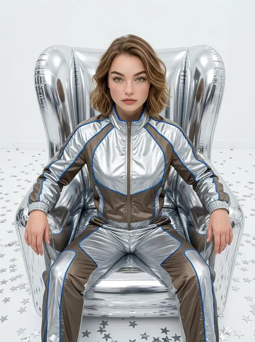 AI AI Y2K Photos — Retro-Futuristic Vibes — AI Y2K medium shot on chrome inflatable throne in confetti room