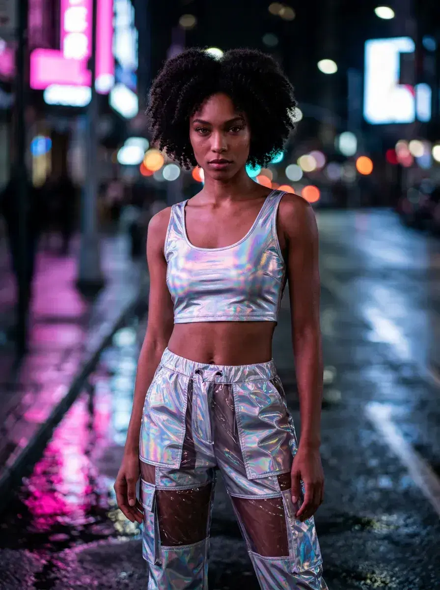AI AI Y2K Photos — Retro-Futuristic Vibes — AI Y2K night street photo with neon puddle reflections and holographic outfit