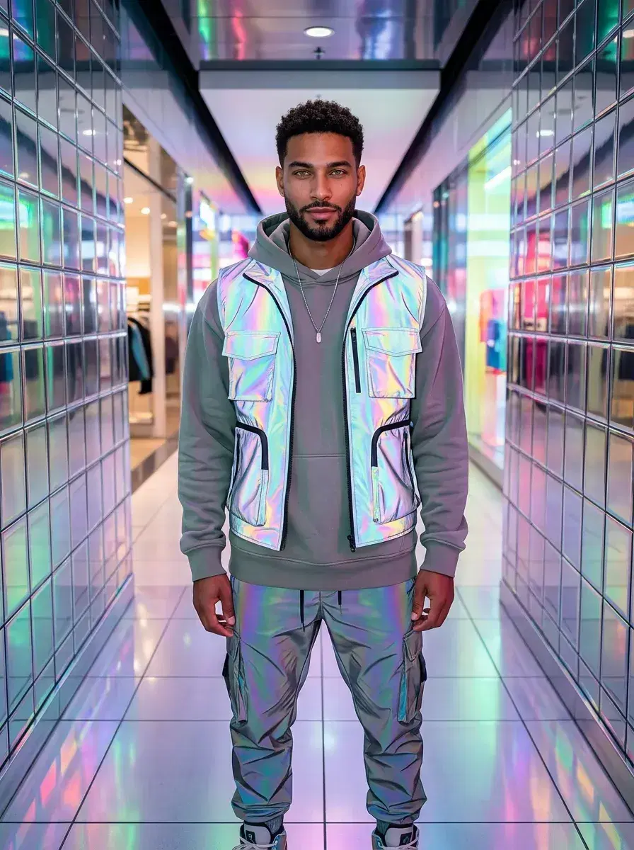 AI AI Y2K Photos — Retro-Futuristic Vibes — AI Y2K photo of a person in holographic outfit in a chrome mall corridor