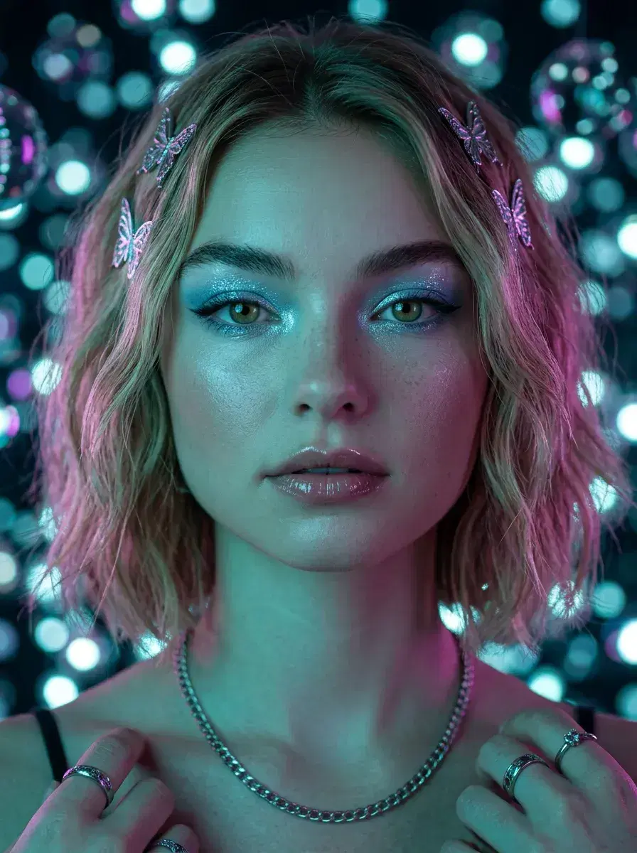 AI AI Y2K Photos — Retro-Futuristic Vibes — Close-up AI Y2K portrait with neon lighting and metallic accessories