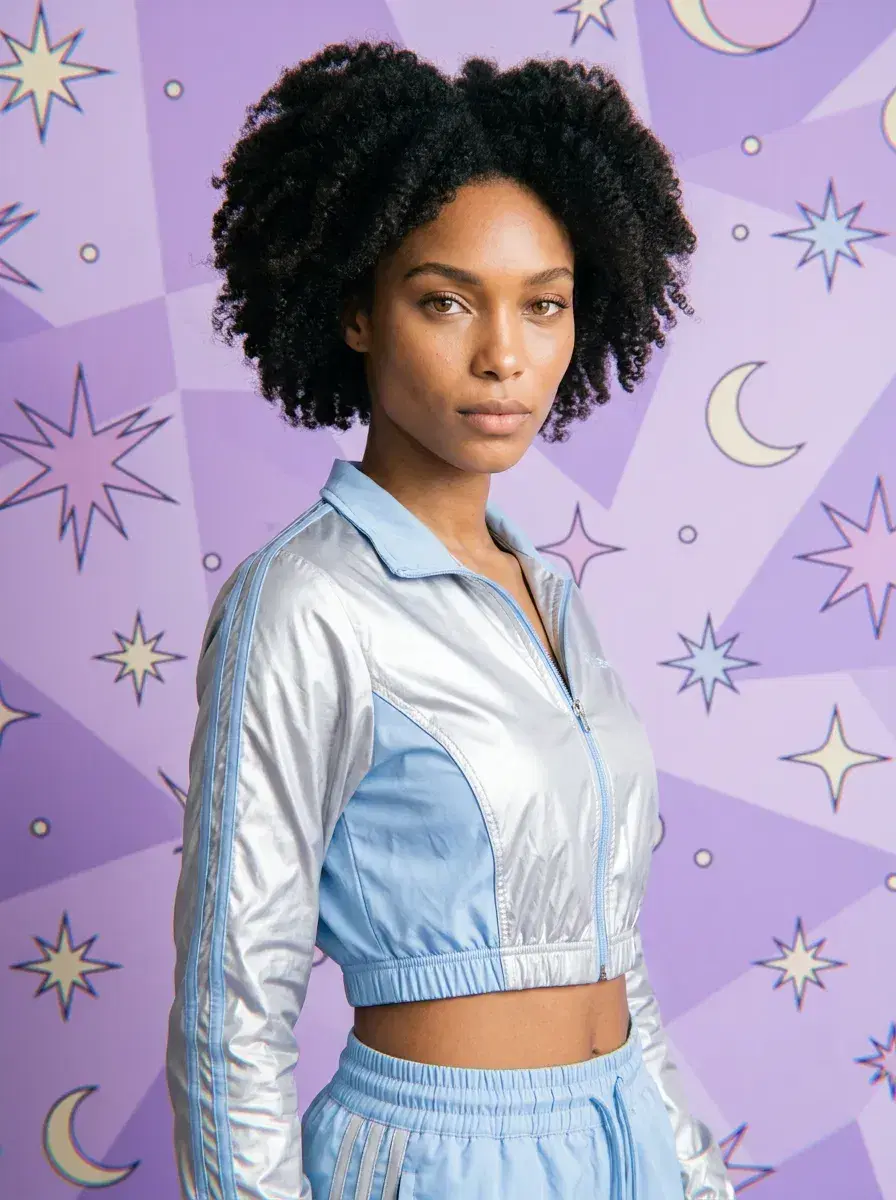 AI AI Y2K Photos — Retro-Futuristic Vibes — AI Y2K three-quarter shot with pastel purple geometric backdrop