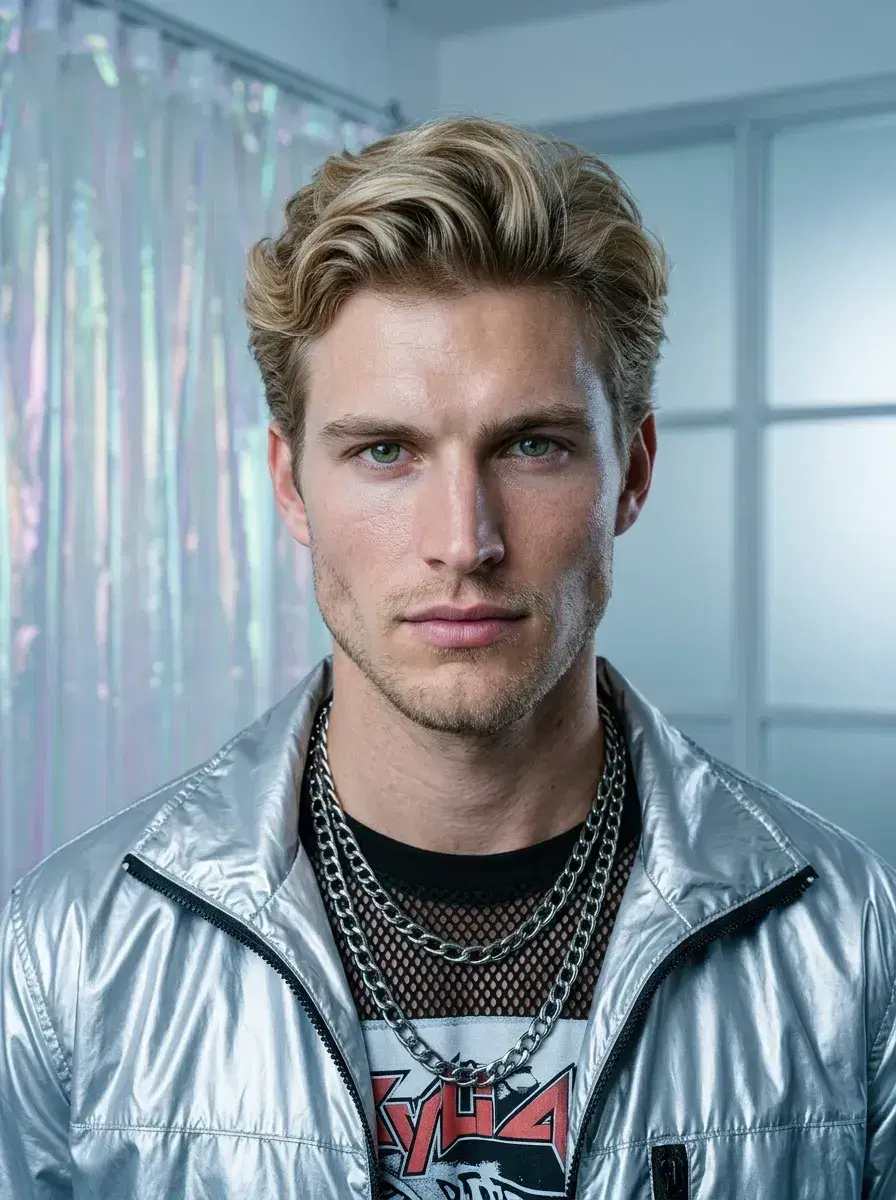 AI AI Y2K Photos — Retro-Futuristic Vibes — Chest-up AI Y2K photo with iridescent frosted glass background