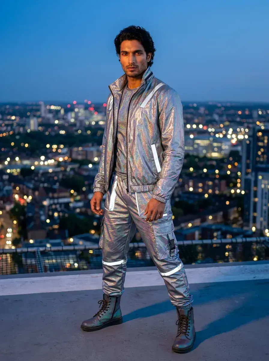 AI AI Y2K Photos — Retro-Futuristic Vibes — AI Y2K rooftop three-quarter shot at blue hour with city lights