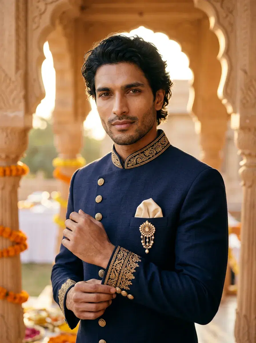 AI-generated royal wedding groom portrait — face identity preserved by Pose AI