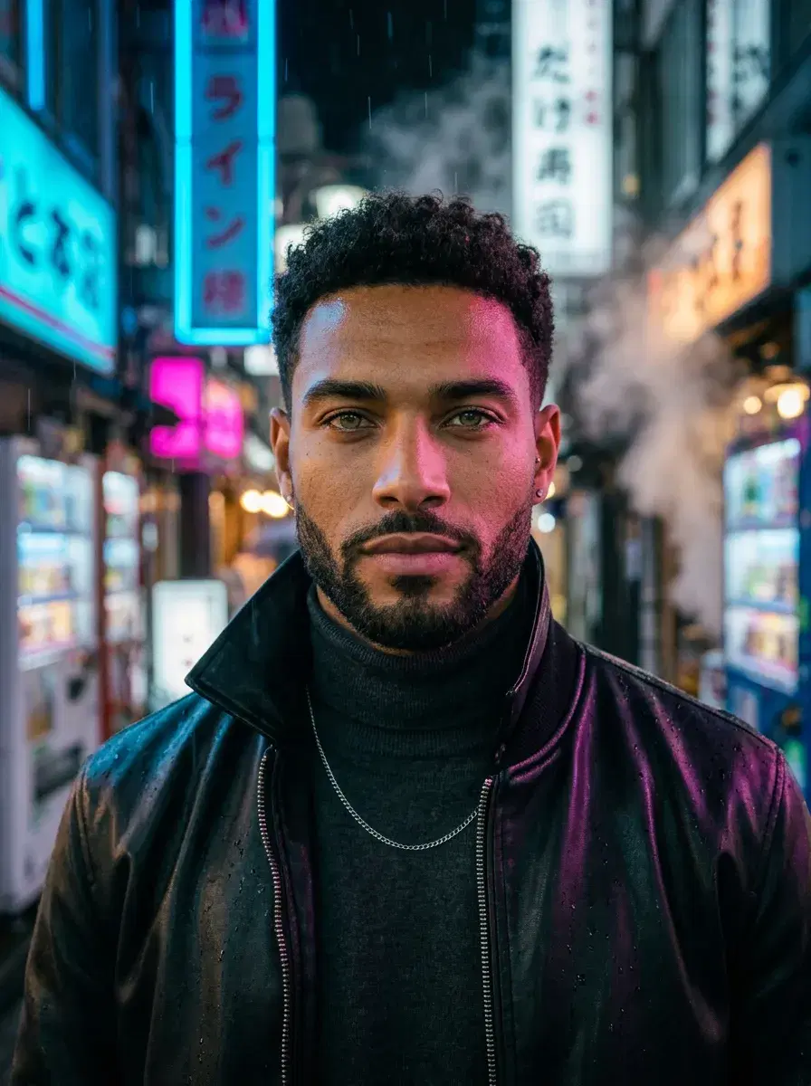 AI portrait of man in leather jacket, neon city street background