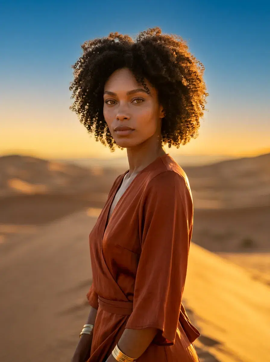 AI portrait of woman with natural hair, golden sunset landscape