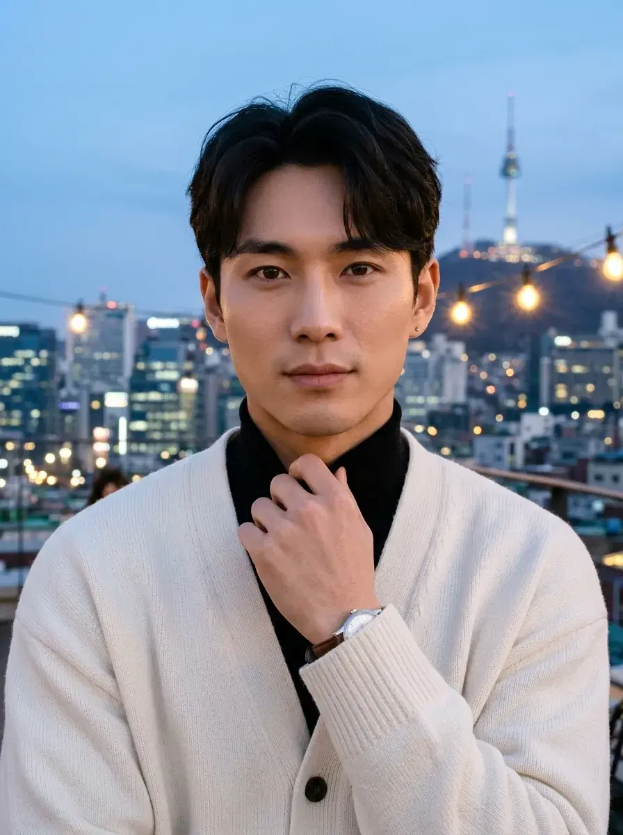 AI headshot of man in business attire, professional office background