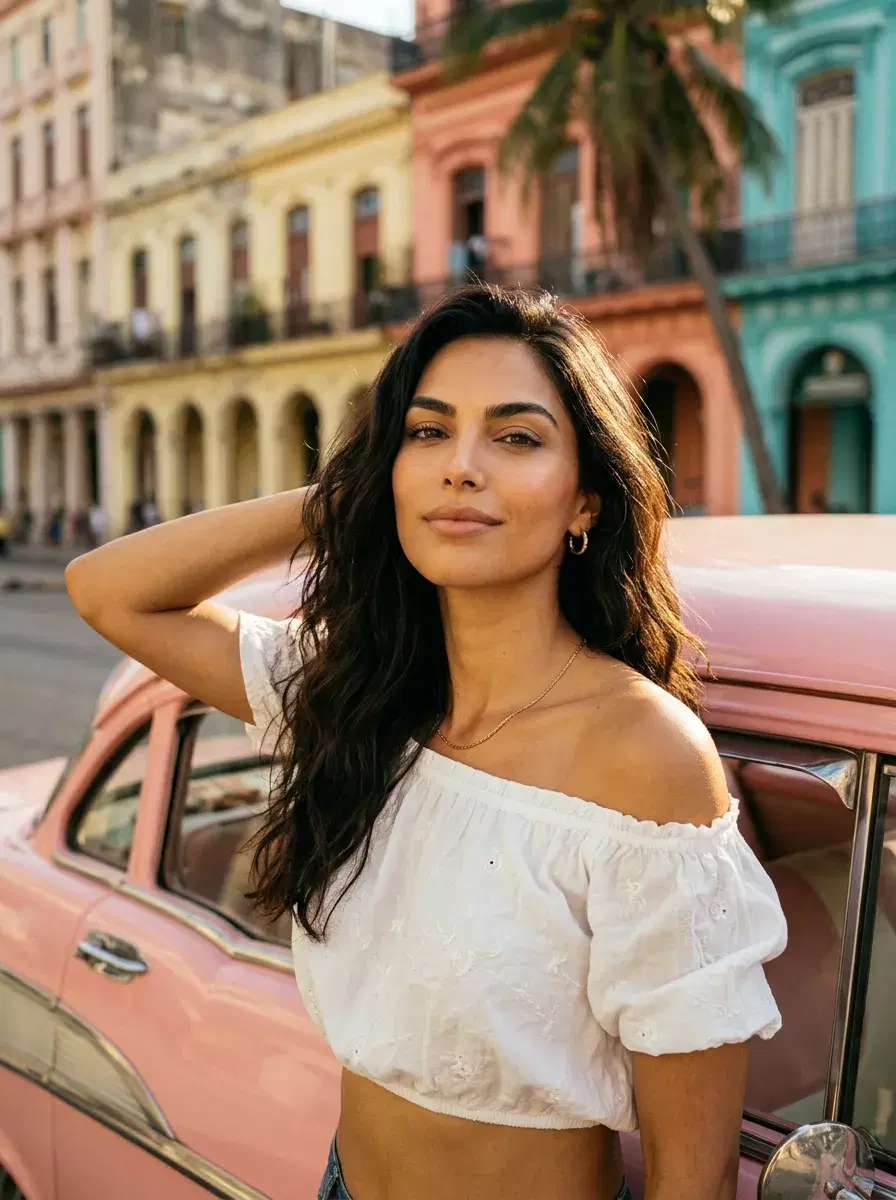 AI headshot of woman in white top, vintage car and city backdrop