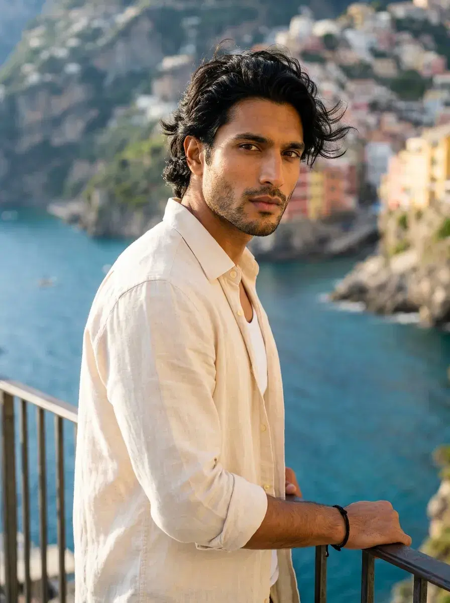 AI headshot of man in casual shirt, coastal cliffside setting