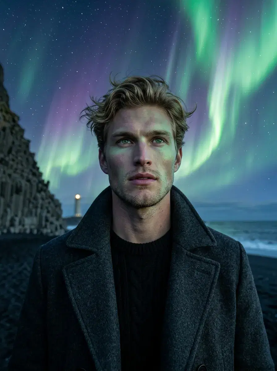 AI headshot of man with confident expression, mountain landscape