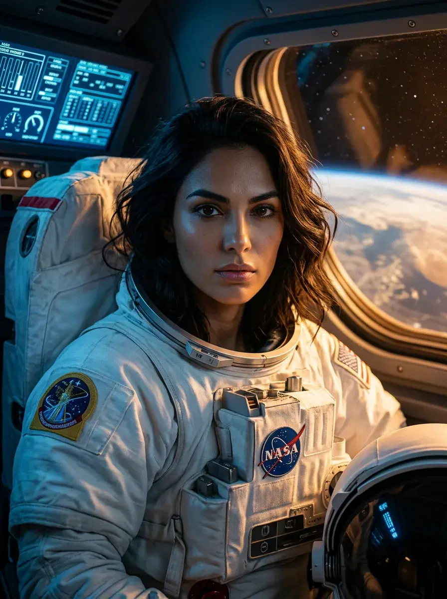 Astronaut in a spacecraft cockpit, lit by instrument panels with Earth glowing through the viewport.