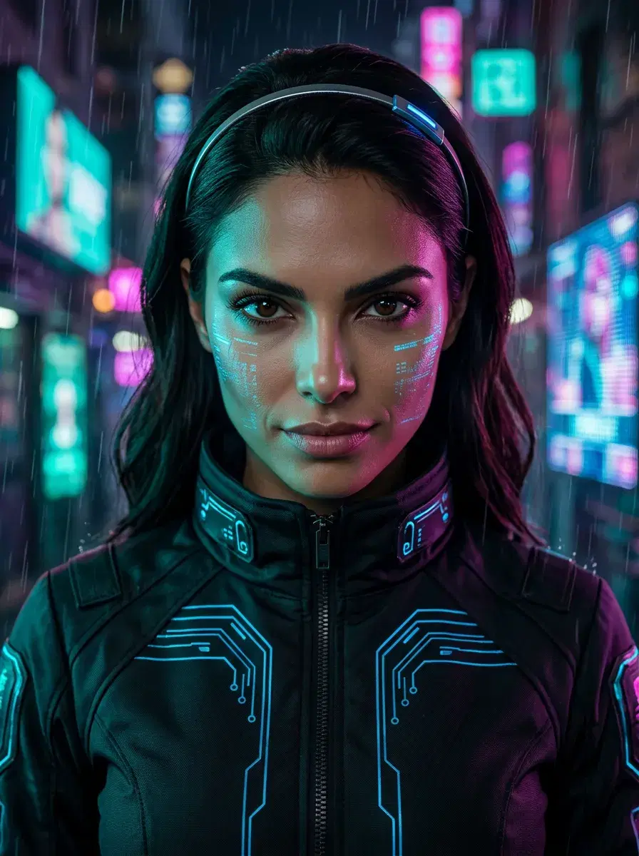 Woman in a neon-lit cyberpunk alley, wearing a tactical jacket with glowing details and looking directly at the camera.