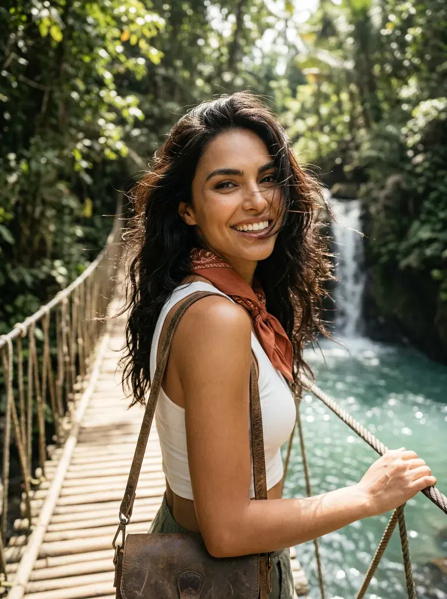 Woman on a jungle bridge in Bali, smiling back at the camera in natural sunlight with a camera strap across her chest.
