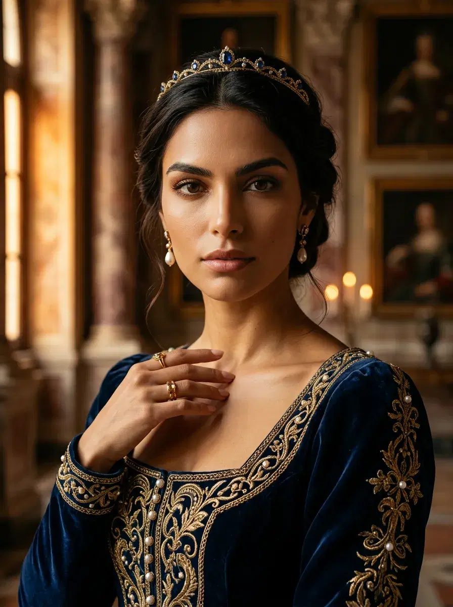 Woman in a Renaissance palace wearing a velvet gown and tiara, lit by warm dramatic window light.