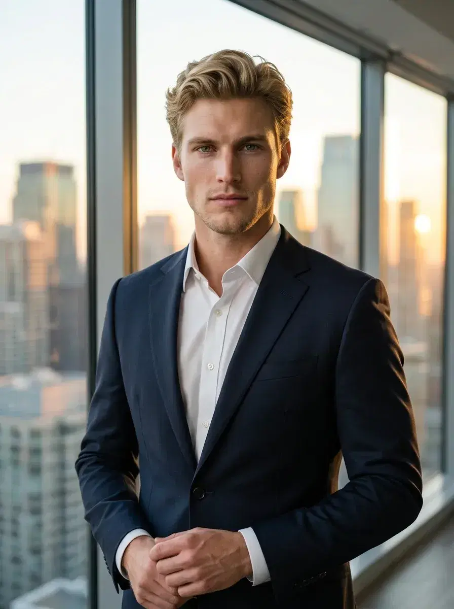 AI Pose Up Photos — Person in business suit with city view — executive AI pose up photo