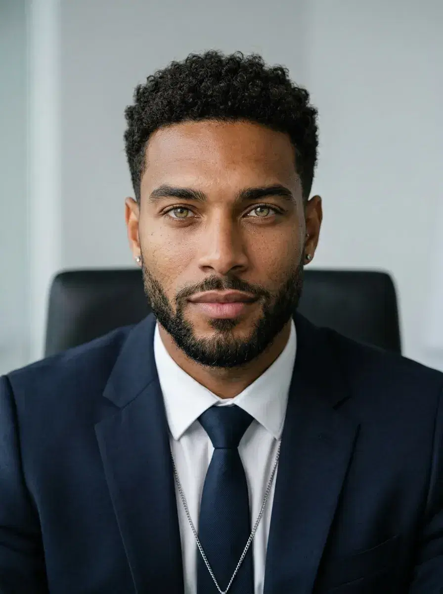 AI Pose Up Photos — Person at executive desk with confident direct gaze — AI headshot pose up photo