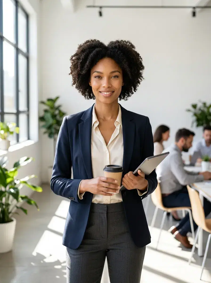 AI Pose Up Photos — Person in co-working space with upright confident posture — team page pose up photo